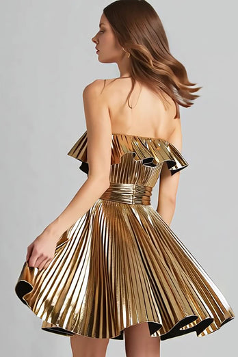 Sparkly Gold Metallic Strapless Pleated A-Line Short Cocktail Dress