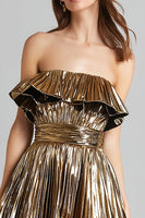 Load image into Gallery viewer, Sparkly Gold Metallic Strapless Pleated A-Line Short Cocktail Dress