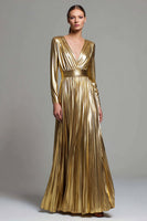 Load image into Gallery viewer, Sparkly Gold Metallic V-Neck Pleated A-Line Long Sleeves Formal Dress