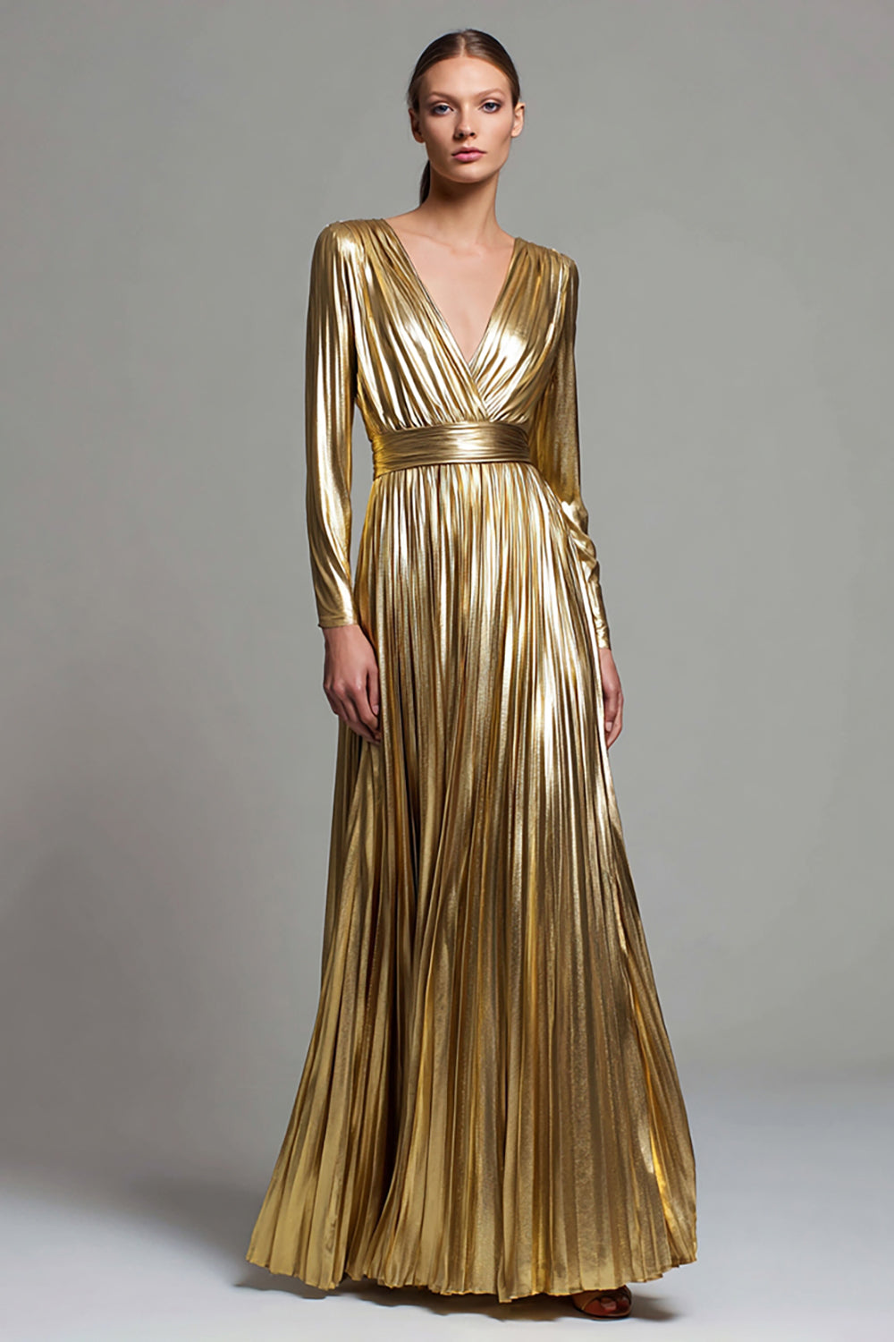 Sparkly Gold Metallic V-Neck Pleated A-Line Long Sleeves Formal Dress