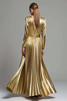 Load image into Gallery viewer, Sparkly Gold Metallic V-Neck Pleated A-Line Long Sleeves Formal Dress