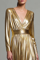 Load image into Gallery viewer, Sparkly Gold Metallic V-Neck Pleated A-Line Long Sleeves Formal Dress