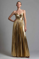 Load image into Gallery viewer, Sparkly Gold Metallic A-Line Sweetheart Pleated Long Formal Dress