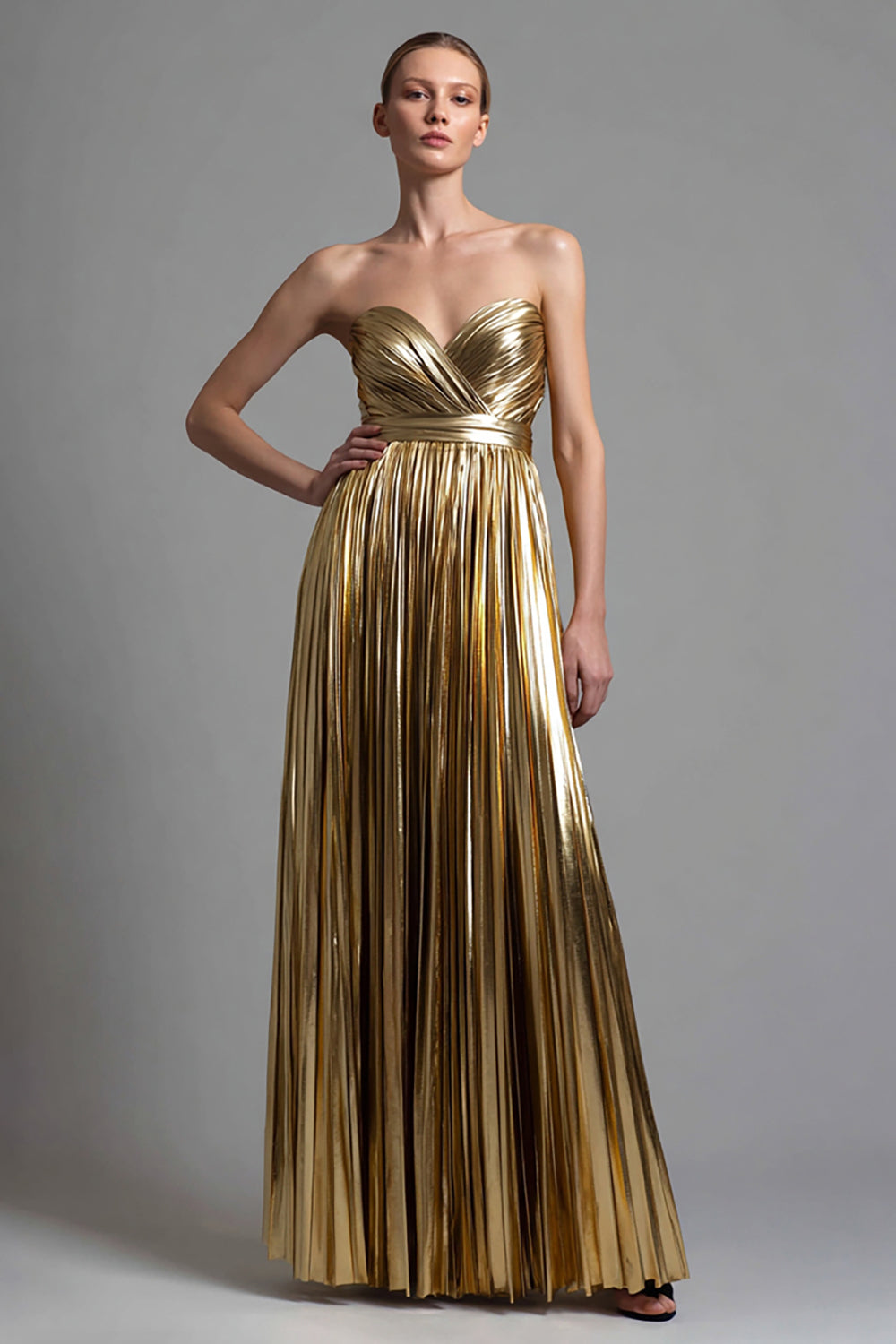 Sparkly Gold Metallic A-Line Sweetheart Pleated Long Formal Dress