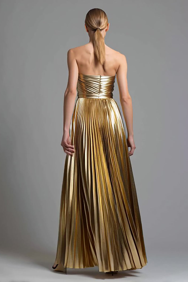 Load image into Gallery viewer, Sparkly Gold Metallic A-Line Sweetheart Pleated Long Formal Dress