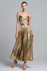 Load image into Gallery viewer, Sparkly Gold Metallic Spaghetti Straps A-Line Pleated Long Formal Dress