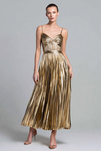 Sparkly Gold Metallic Spaghetti Straps A-Line Pleated Long Formal Dress