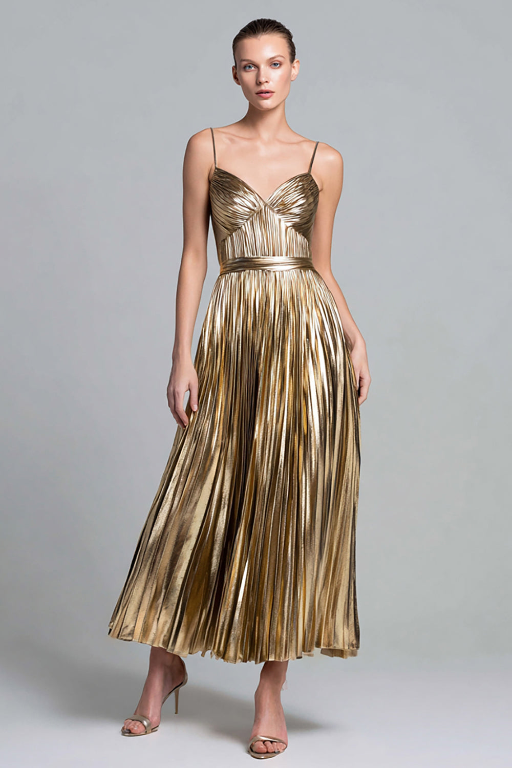 Sparkly Gold Metallic Spaghetti Straps A-Line Pleated Long Formal Dress