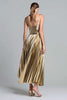 Load image into Gallery viewer, Sparkly Gold Metallic Spaghetti Straps A-Line Pleated Long Formal Dress