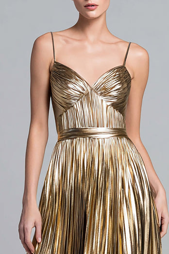 Sparkly Gold Metallic Spaghetti Straps A-Line Pleated Long Formal Dress