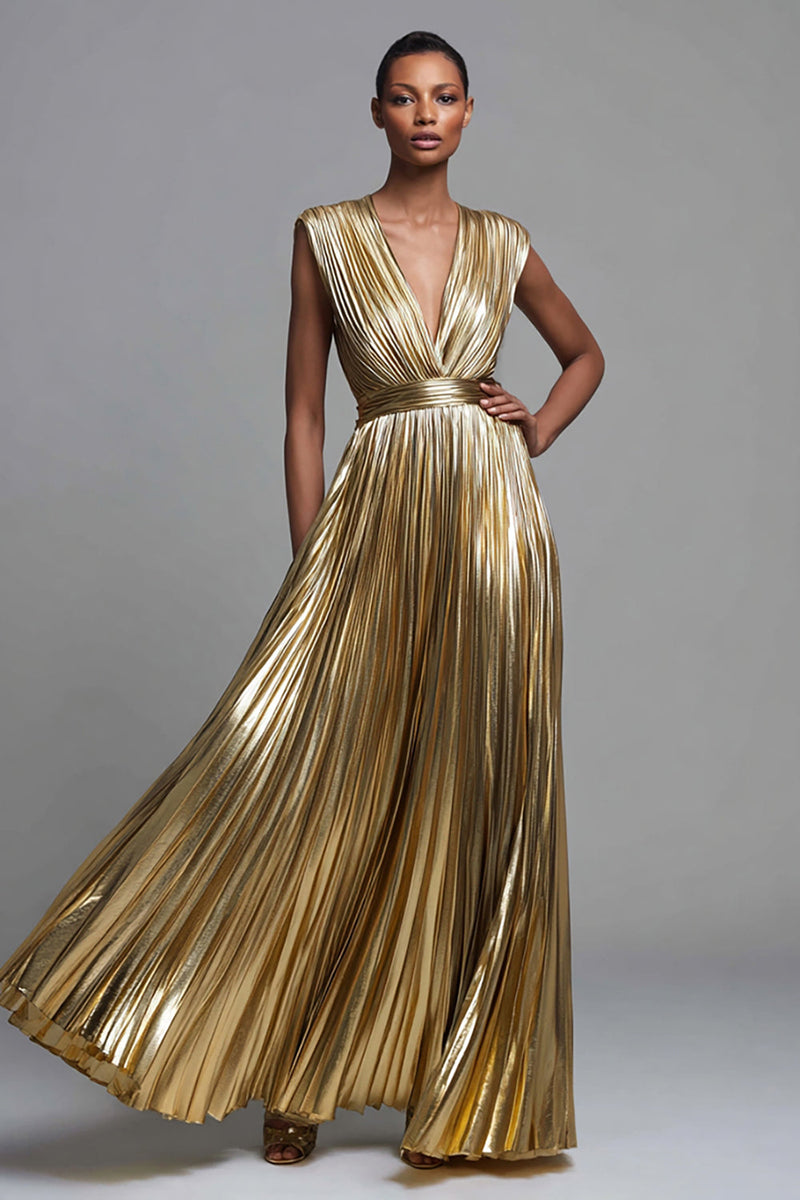 Load image into Gallery viewer, Sparkly Gold Metallic Deep V-Neck A-Line Pleated Long Formal Dress