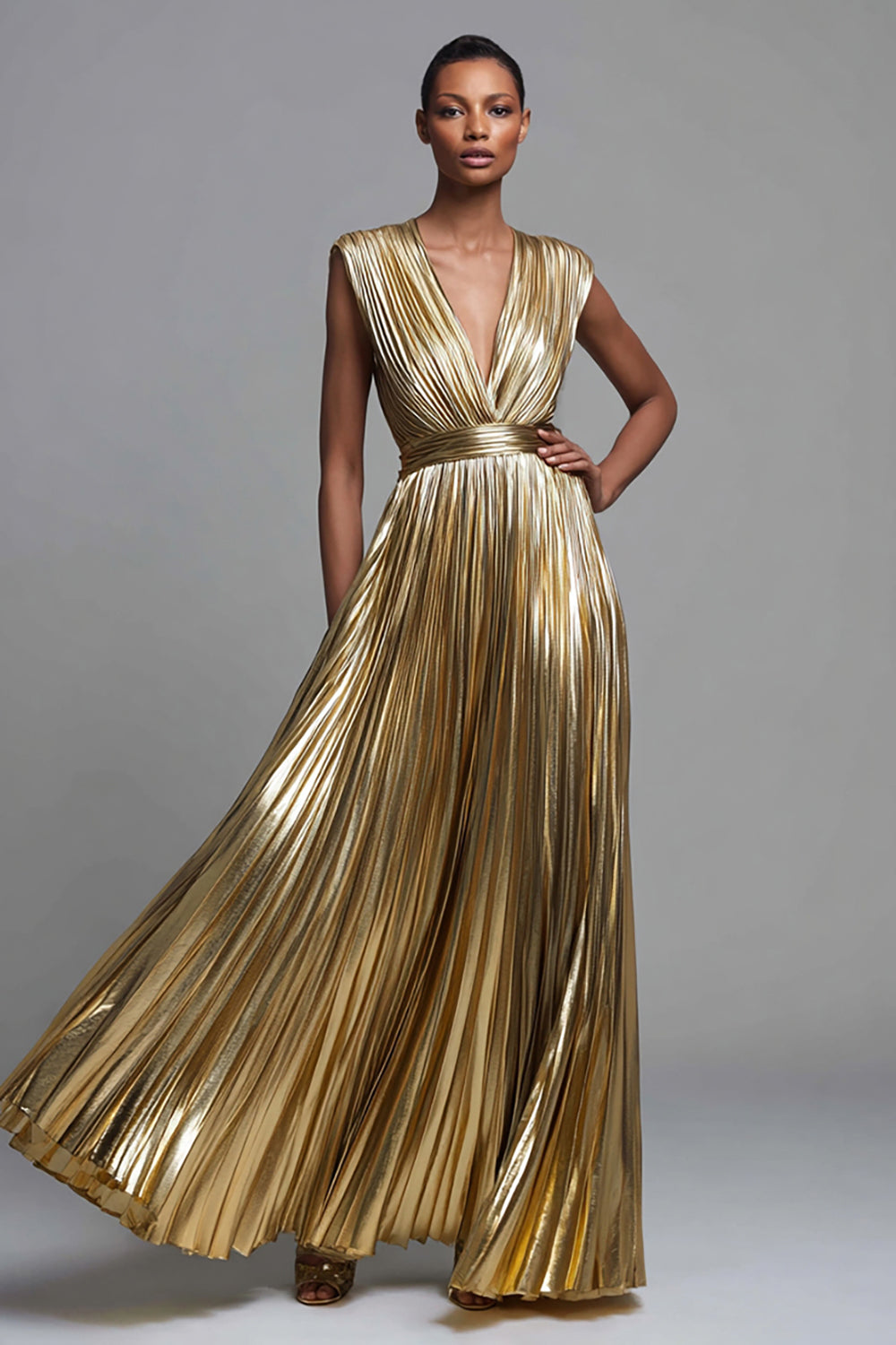 Sparkly Gold Metallic Deep V-Neck A-Line Pleated Long Formal Dress