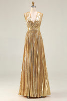 Load image into Gallery viewer, Sparkly Gold Metallic Deep V-Neck A-Line Pleated Long Formal Dress