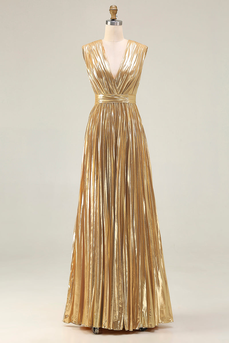 Load image into Gallery viewer, Sparkly Gold Metallic Deep V-Neck A-Line Pleated Long Formal Dress