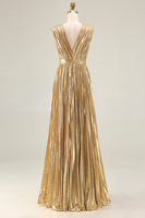Load image into Gallery viewer, Sparkly Gold Metallic Deep V-Neck A-Line Pleated Long Formal Dress