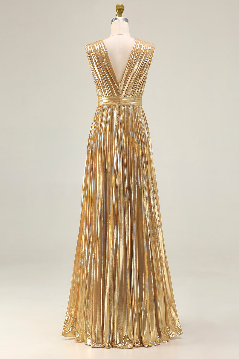 Load image into Gallery viewer, Sparkly Gold Metallic Deep V-Neck A-Line Pleated Long Formal Dress