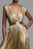 Load image into Gallery viewer, Sparkly Gold Metallic Deep V-Neck A-Line Pleated Long Formal Dress