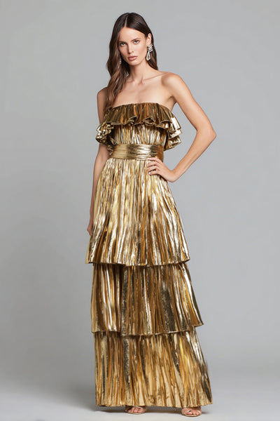 Sparkly Gold Metallic Pleated A-Line Ruffled Long Formal Dress