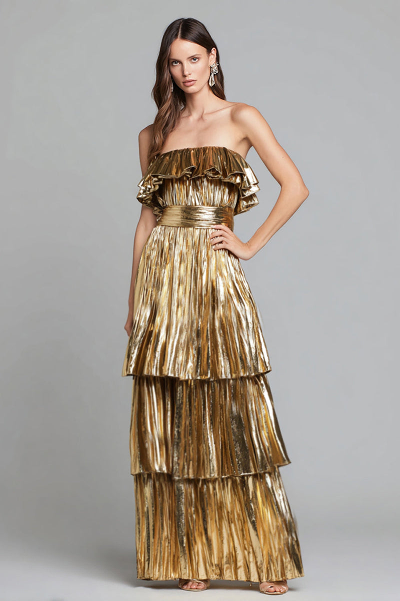 Load image into Gallery viewer, Sparkly Gold Metallic Pleated A-Line Ruffled Long Formal Dress