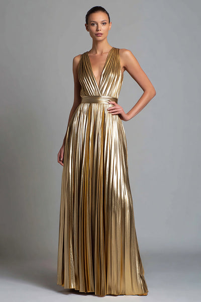 Sparkly Gold Metallic A-Line V-Neck Pleated Long Formal Dress