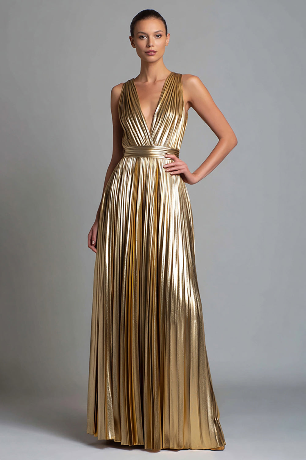 Sparkly Gold Metallic A-Line V-Neck Pleated Long Formal Dress