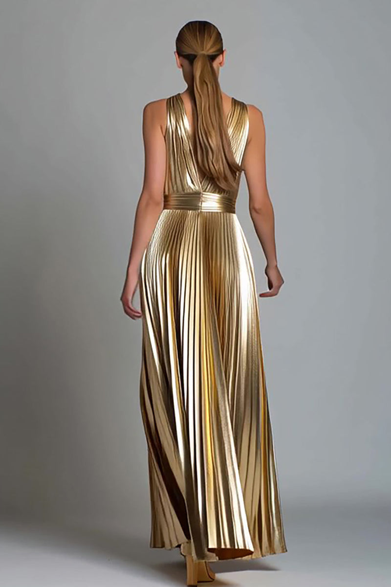 Load image into Gallery viewer, Sparkly Gold Metallic A-Line V-Neck Pleated Long Formal Dress