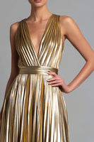 Load image into Gallery viewer, Sparkly Gold Metallic A-Line V-Neck Pleated Long Formal Dress