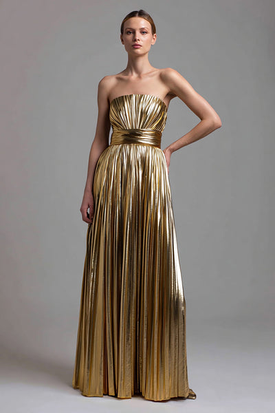 Sparkly Gold Metallic A-Line Strapless Pleated Long Formal Dress