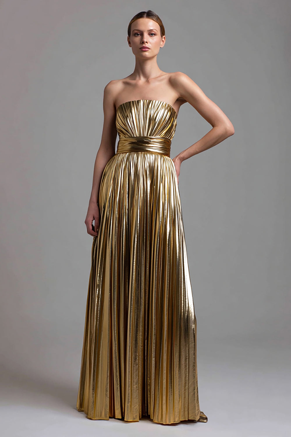 Sparkly Gold Metallic A-Line Strapless Pleated Long Formal Dress