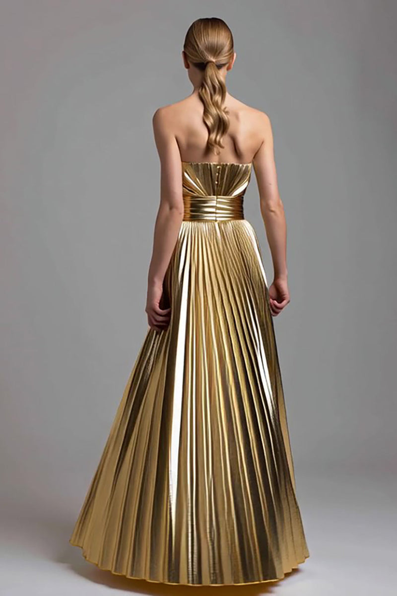 Load image into Gallery viewer, Sparkly Gold Metallic A-Line Strapless Pleated Long Formal Dress