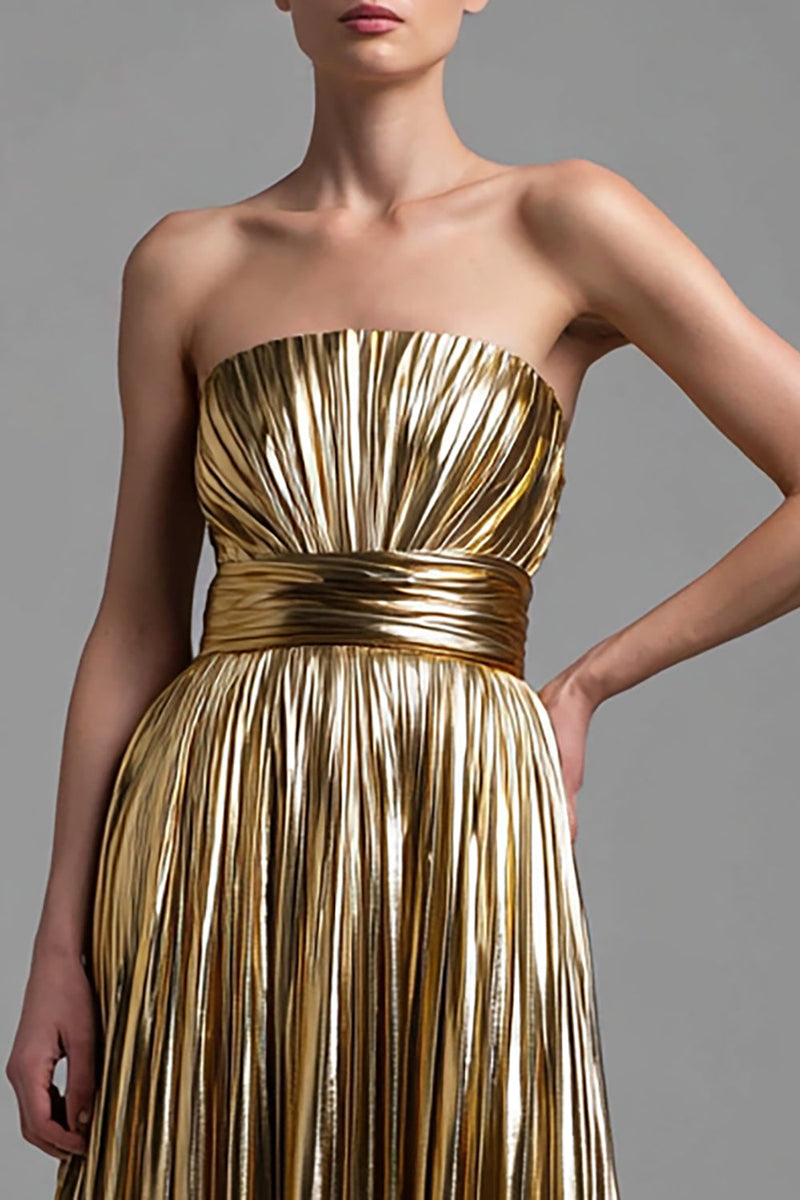 Load image into Gallery viewer, Sparkly Gold Metallic A-Line Strapless Pleated Long Formal Dress