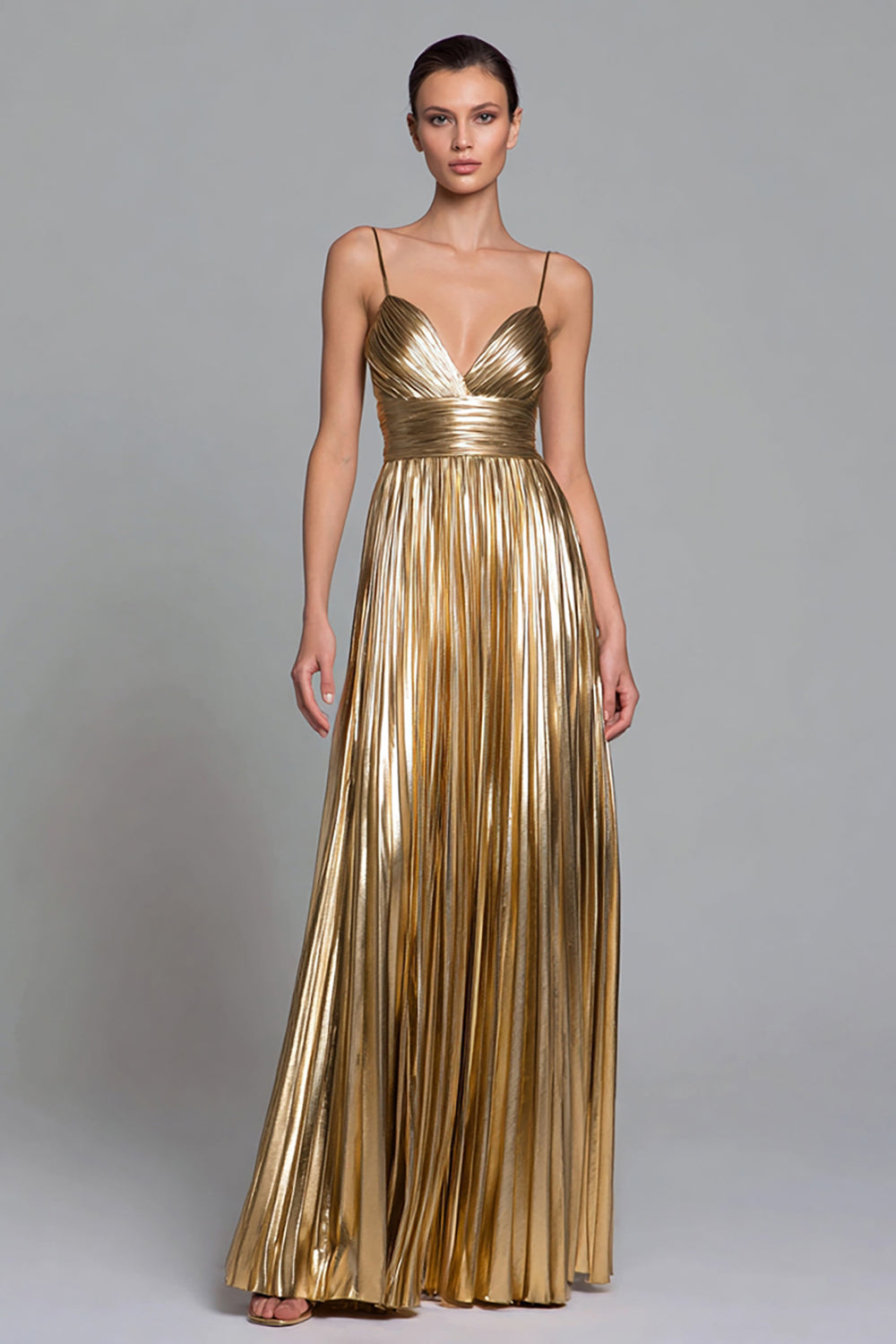 Sparkly Gold A-Line Metallic Spaghetti Straps Pleated Long Formal Dress