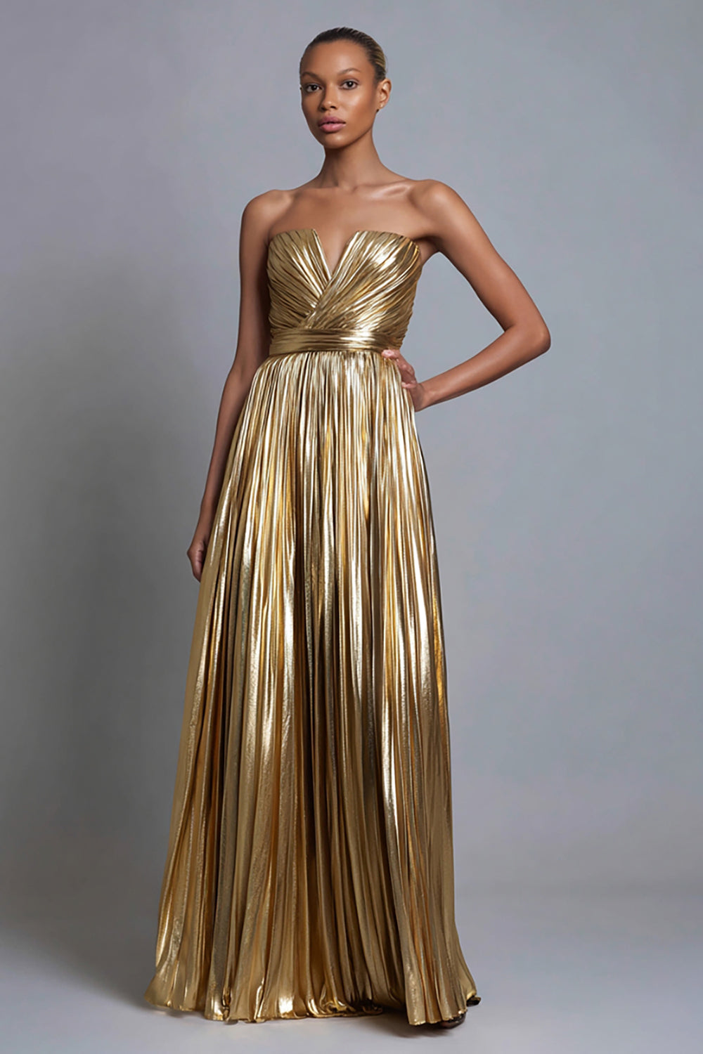 Sparkly Gold Metallic Strapless Pleated A-Line Long Formal Dress