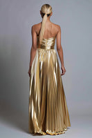 Load image into Gallery viewer, Sparkly Gold Metallic Strapless Pleated A-Line Long Formal Dress