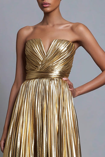 Sparkly Gold Metallic Strapless Pleated A-Line Long Formal Dress