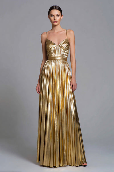 Sparkly Gold Metallic Pleated A-Line Long Formal Dress