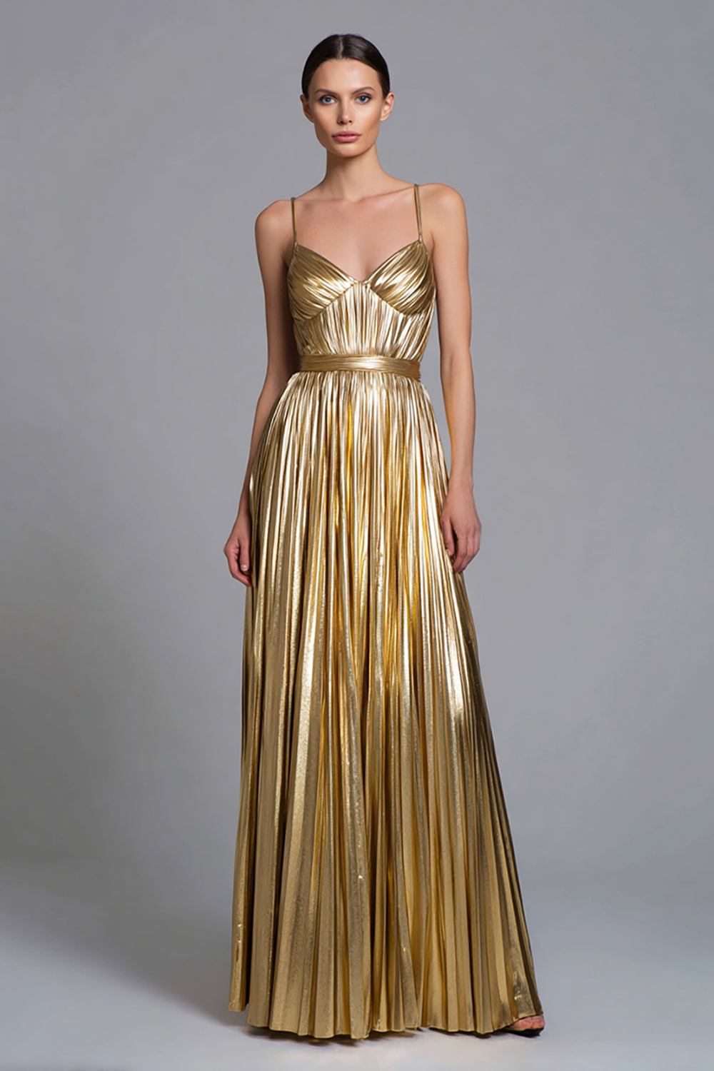 Sparkly Gold Metallic Pleated A-Line Long Formal Dress