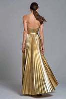 Load image into Gallery viewer, Sparkly Gold Metallic Pleated A-Line Long Formal Dress