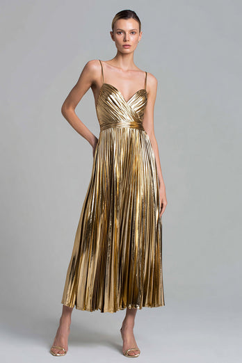 Sparkly Gold Metallic A-Line Pleated Ankle Length Formal Dress