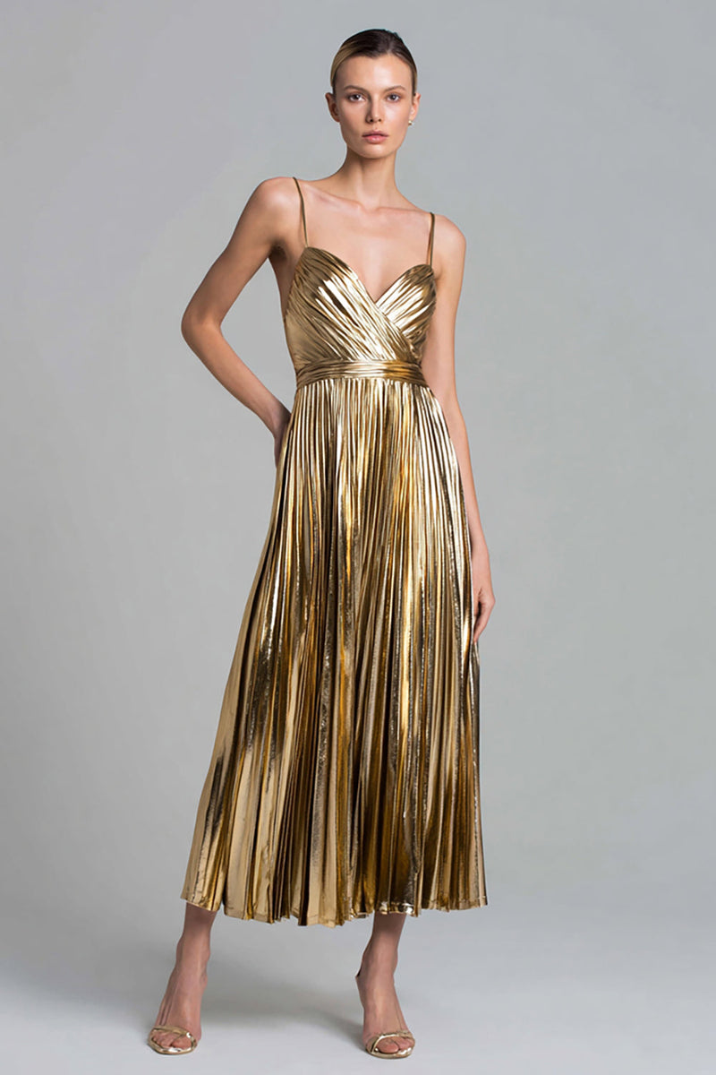 Load image into Gallery viewer, Sparkly Gold Metallic A-Line Pleated Ankle Length Formal Dress