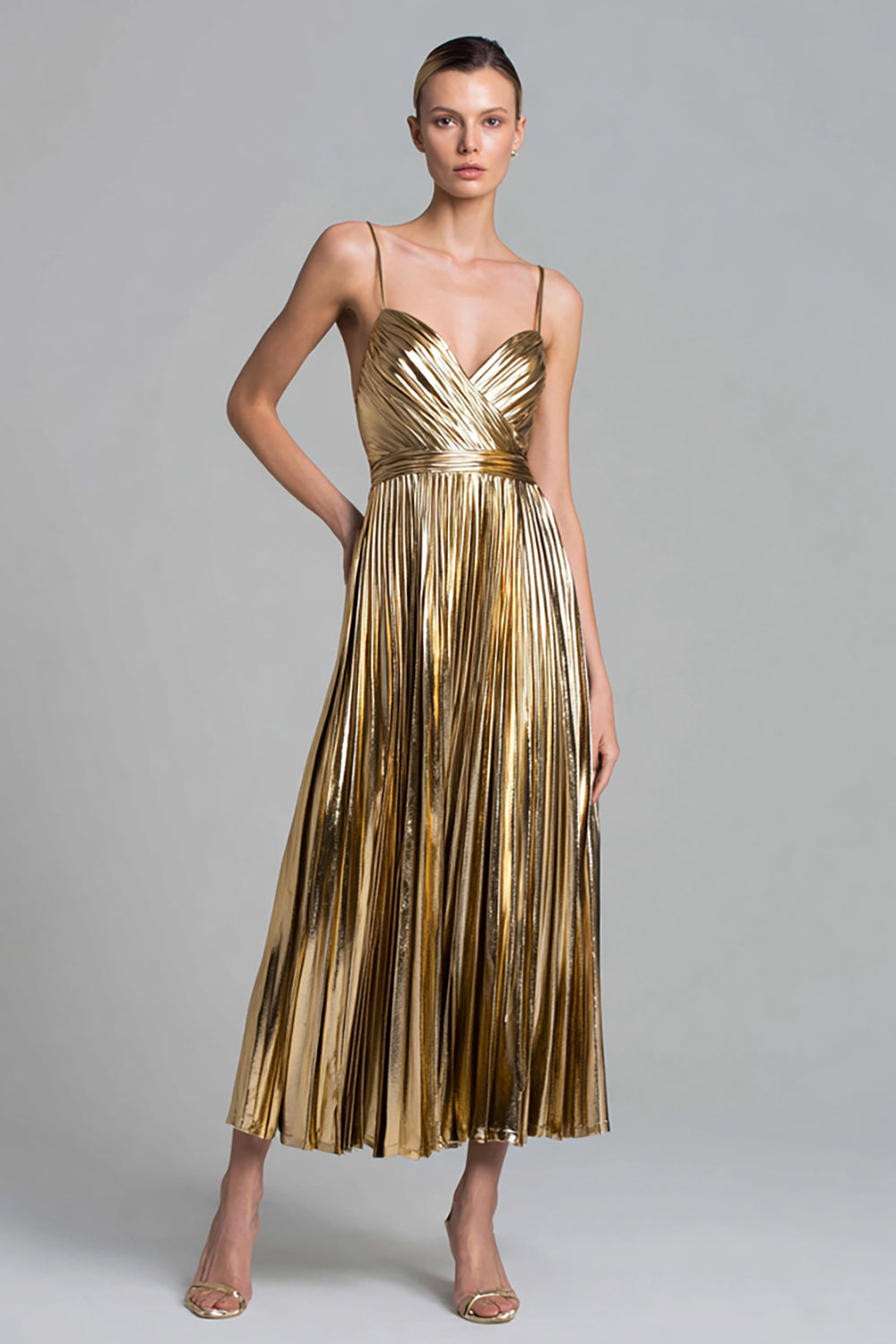 Sparkly Gold Metallic A-Line Pleated Ankle Length Formal Dress
