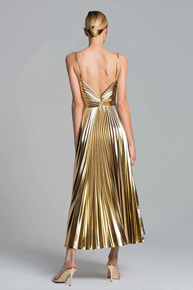 Load image into Gallery viewer, Sparkly Gold Metallic A-Line Pleated Ankle Length Formal Dress