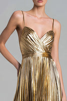 Load image into Gallery viewer, Sparkly Gold Metallic A-Line Pleated Ankle Length Formal Dress