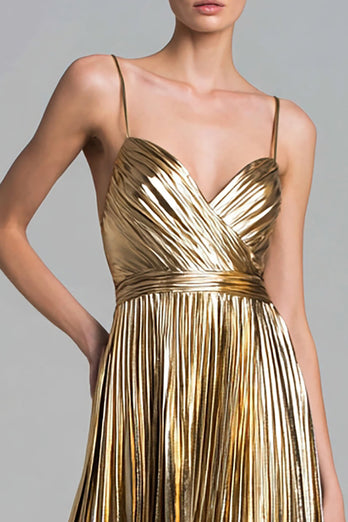 Sparkly Gold Metallic A-Line Pleated Ankle Length Formal Dress