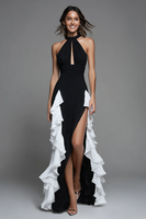Load image into Gallery viewer, Black&amp;White Keyhole Satin Sheath High Low Formal Dress