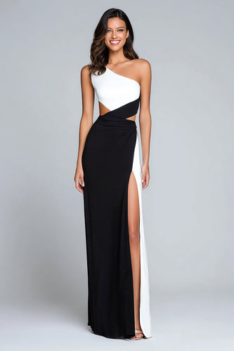 Black and White Satin One Shoulder Long Formal Dress with Slit