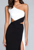 Load image into Gallery viewer, Black and White Satin One Shoulder Long Formal Dress with Slit