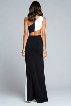 Black and White Satin One Shoulder Long Formal Dress with Slit
