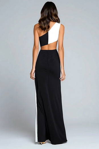 Black and White Satin One Shoulder Long Formal Dress with Slit