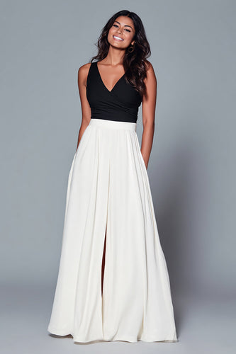 A Line Black and White V-Neck Long Formal Dress